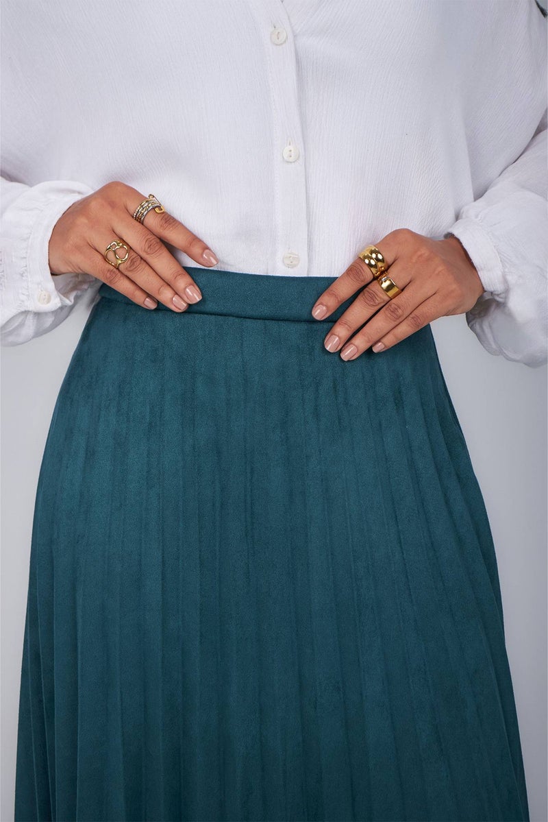 Teal Suede Pleated Skirt - Image 3